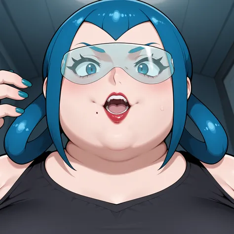 zamable, mable \(pokemon\), blue hair, bangs, hair rings, blue eyes, red lips, blue nails, safety glasses, masterpiece,best quality,amazing quality,bulging belly, fat, chubby, obese, open mouth, out of breath, absurdres, portrait, pov belly, straight-on, f...