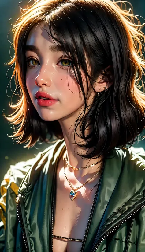 full body, Plan General :1.5, woman with straight black hair moving with the wind a beautiful smile:1.5, , She bangs herself to the eyebrows:1.4, posing for a photo , Portrait of Kim Petras, ava max, collar , stud earrings , wearing barbs and piercings  , ...