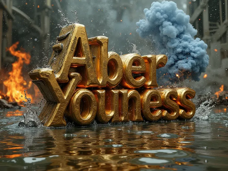 Type the name Aber Youness in 3D, made of gold metal. The background shows fire burning and blue smoke rising heavily. The writing comes out of the water and leaves the effects of falling drops