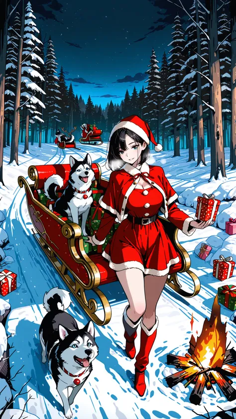 (masterpiece, High Quality), snow,forest,pins,bonfire,night,Husky dogs,gifts,a seated woman ,sleigh,Christmas costumes,