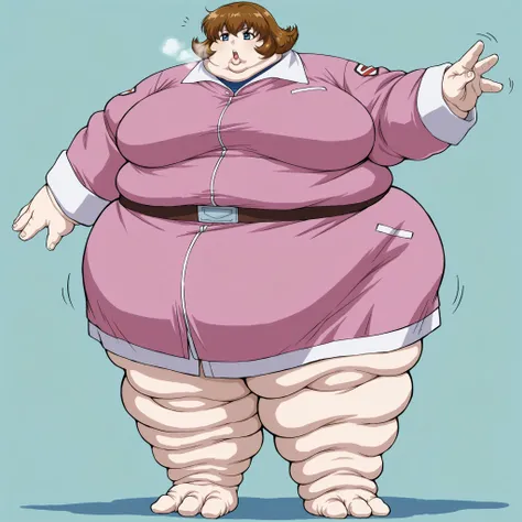 coloring,source_anime,miriallia,1girl,solo,blue eyes,brown hair,short hair,flipped hair,pink jacket,belt, fat, chubby, obese, fat neck, multiple chins, big breasts open mouth, out of breath, Larger female, full body shot, only head, large head, oversized l...