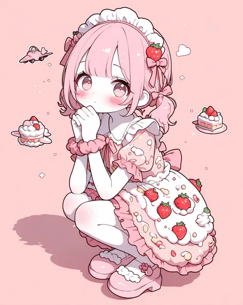 1girl, short twin tails,center flap bangs,pink hair,blush,looking at viewer,cake dress,food-themed clothes,cake dress, skirt is a layered sponge cake, whipped cream between layers, strawberries on top, pastry texture,frils,wrist scrunchie,headdress,full bo...
