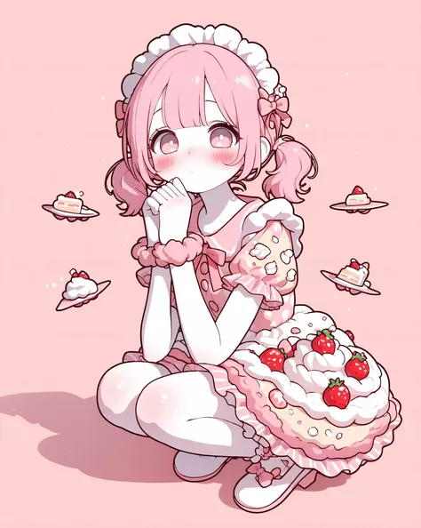 1girl, short twin tails,center flap bangs,pink hair,blush,looking at viewer,cake dress,food-themed clothes,cake dress, skirt is a layered sponge cake, whipped cream between layers, strawberries on top, pastry texture,frils,wrist scrunchie,headdress,full bo...