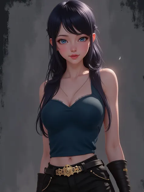 sr3fmj, brush strokes, stylized illustration, marinette Dopanchan, A very beautiful and cute 22 year old woman. Slight smile, long hair, deep gaze, blue eyes, western eyes, detailed blue eyes, beautiful eyes, natural pink lips, thin lips, detailed lips, be...