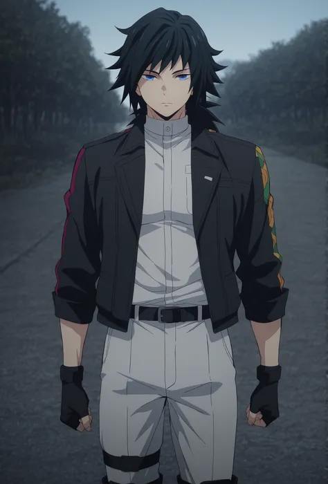 anime screencap, masterpiece, best quality, giyuu_tomioka, 1boy, adult male, ,((perfect body)) , fit bodies, attractive bodies, black hair, blue eyes, cowboy shot , looking at viewer , looking at viewer,white shirt,black jacket,white pants,black gloves,fin...