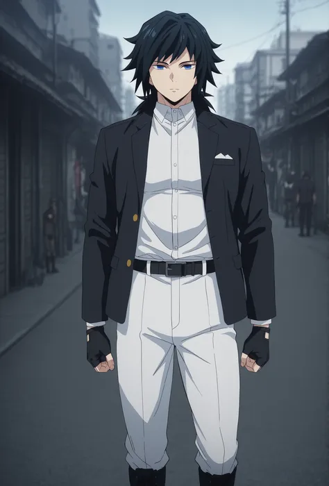anime screencap, masterpiece, best quality, giyuu_tomioka, 1boy, adult male, ,((perfect body)) , fit bodies, attractive bodies, black hair, blue eyes, cowboy shot , looking at viewer , looking at viewer,white shirt,black jacket,white pants,black gloves,fin...