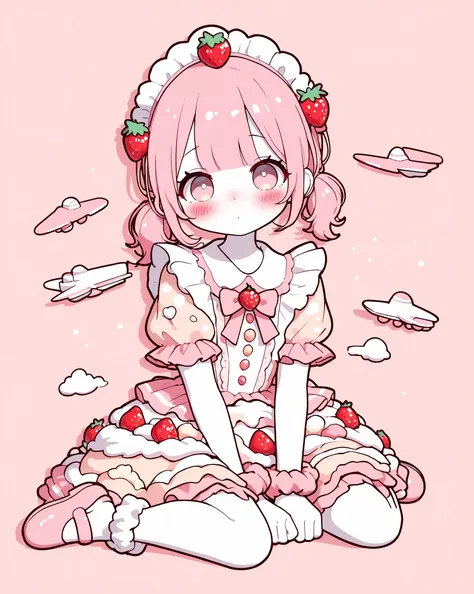 1girl, short twin tails,center flap bangs,pink hair,blush,looking at viewer,cake dress,food-themed clothes,cake dress, skirt is a layered sponge cake, whipped cream between layers, strawberries on top, pastry texture,frils,wrist scrunchie,headdress,full bo...