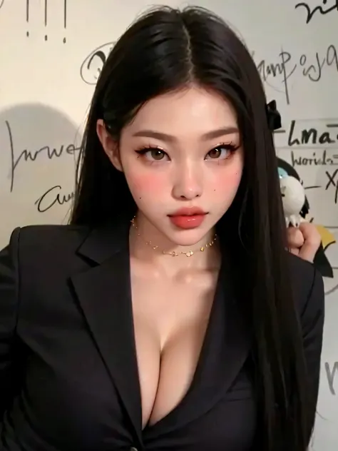 ,almond eyes,   full lips, large and voluptuous breasts . flirtatious look, big breasts, natural breasts, curly hair, dove cameron, curvy body