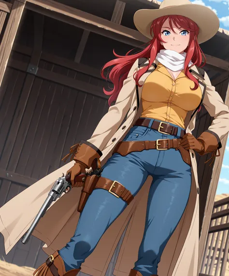 absurdres, amazing quality, best quality, masterpiece, newest, source_anime, anime_screencap, anime coloring, SWNY_Gemini_IL, 1girl, solo,
mature female, (red hair, long hair, hair down, sidelocks), blue eyes, big breasts, toned body,
(headwear, light-br...