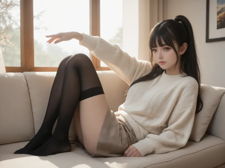 A realistic digital photograph of a young japanese girl with absolutely long hair reacheding her hip, silky black hair, she has **straight-cut bangs (front bangs) covering her forehead**, soft and natural. and extremely long — reaching fully to her waist ...