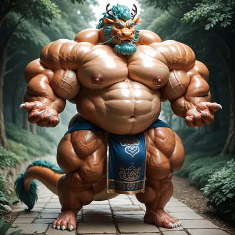 eastern dragon,a humanoid dragon mix of Chinese and European dragon, hefty daddy body,colossal,hulking, huge muscles, plump body muscles, colossal body, five-digit hands and feet,hefty, hyper thick heavy shape, stout musclegut, thick waist, big daddy belly...