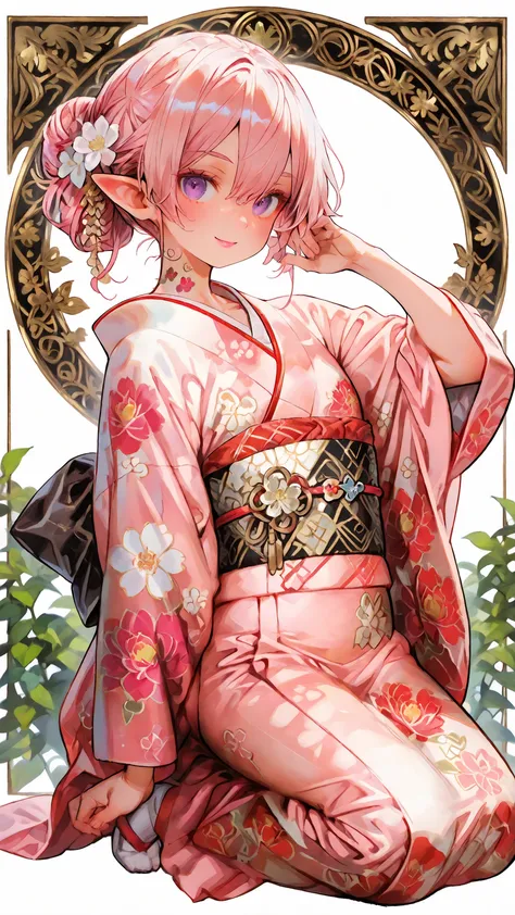 Artistically drawn、Stunning portrait of a beautiful woman carefully drawn down to the smallest detail。20 years old、 Japanese New Year、Kimono、colorful pattern gorgeous obi,上品なpink hairの少女。(petite girl、Full Body、pink hair、A loose arrangement with loosely wra...