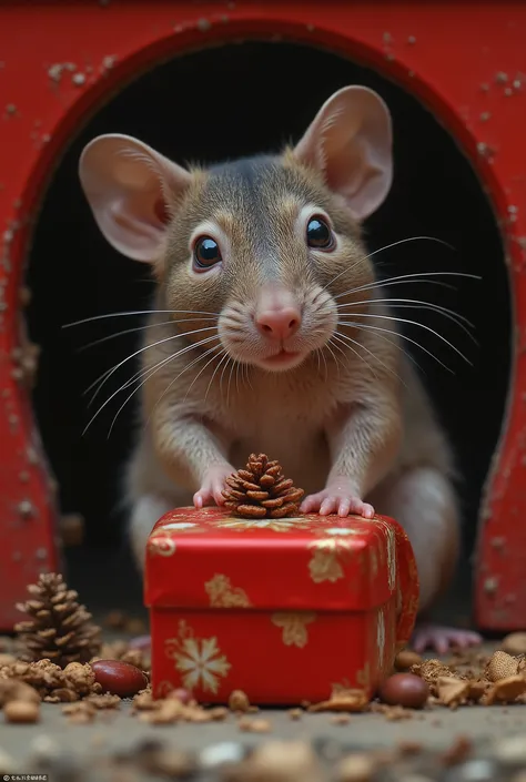 masterpiece, HDR quality, mr.bean smiles giving red box Christmas gift to a small mice , round x-ray view showing the gift with a mouse trap inside, in front of a small hole inside mr.bean house, clear focus on the subjects, perfect hand,