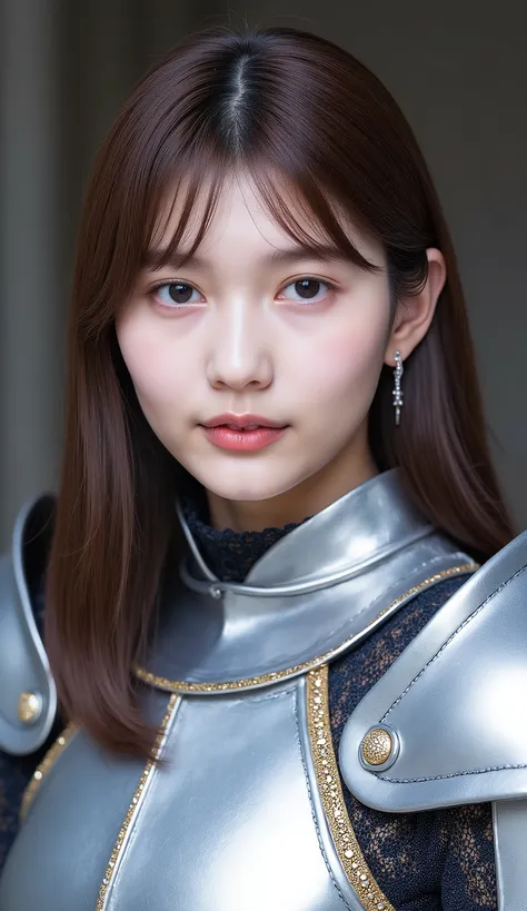 neat young woman wearing luxurious silver armor、、female knight、、、ear piercings、looking at camera、looking directly in front、、口を閉じている、への字口、、、face close-up、grey background、