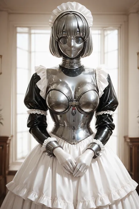 maniajuns,  stainless steel skin,  stainless steel lenses,  stainless steel hair, happy, A beautiful Victorian latex maid outfit, wearing a shiny black latex maid outfit with a white frilly apron,latex juliet sleeves, long white latex gloves up to the elbo...