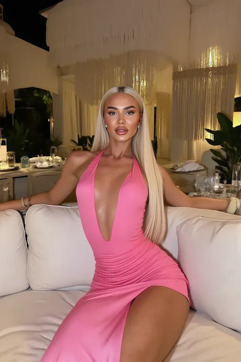 21 year old woman with very long white straight hair posing on white lather sofa inside of a luxury villa, she is wearing hot pink body suit, its night time, photo is taken with strong camera flash she has perfect skinny hips, photo is very very detailed a...