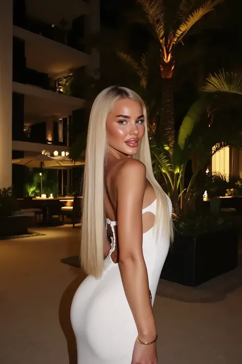 21 year old woman with very long white straight hair posing inside of a luxury modern villa, she is wearing white dress, its night time, photo is taken with strong camera flash she has perfect skinny hips, photo is very very detailed and sharp her hair is ...
