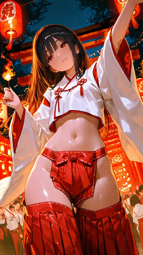 top quality, Picture, in fine detail, young shrine maiden, Authentic shrine maiden costume, long black hair, traditional white and red costume, stretching arms toward the camera, direct eye contact, Night Fire Festival, Dancing flames illuminate faces from...
