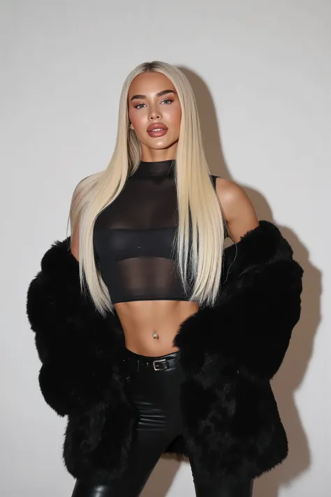 21 year old woman with very long white straight hair posing in a studio, white studio background she is wearing black fur coat, its night time, photo is taken with strong camera flash she has perfect skinny hips, photo is very very detailed and sharp her h...
