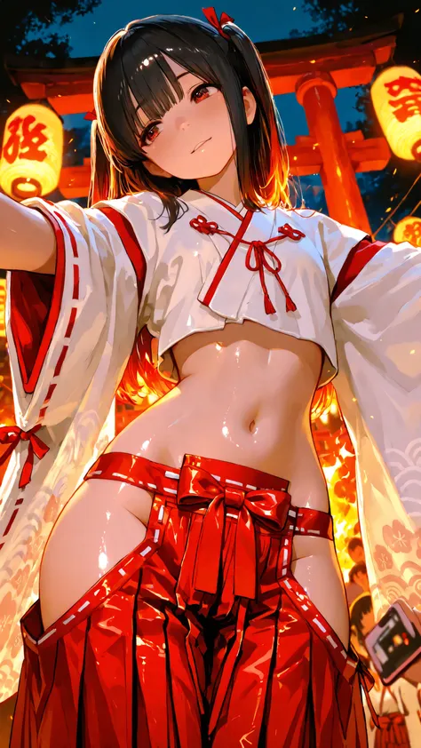 top quality, Picture, in fine detail, young shrine maiden, Authentic shrine maiden costume, long black hair, traditional white and red costume, stretching arms toward the camera, direct eye contact, Night Fire Festival, Dancing flames illuminate faces from...