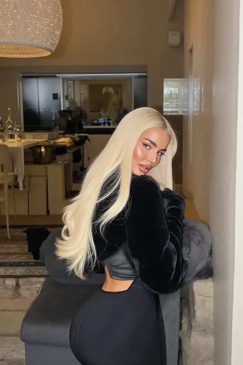 21 year old woman with very long white straight hair bending over kitchen counter inside of a modern villa she is wearing black bikini, and black fur coat, photo taken from behind, photo of her ass photo is taken with strong camera flash she has perfect sk...