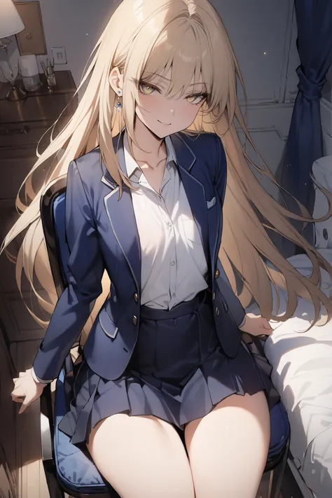((masterpiece,top quality:1.2)),(Super-resolution),(1gir),slender,((Female high school girl sitting on a chair and staring at me in her room)),Beautiful Skin,(((thin thighs))),(((Long Golden Hair))),perfect golden eyes, tree eyes ,Serious smile,(((navy blu...