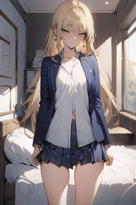 ((masterpiece,top quality:1.2)),(Super-resolution),(1gir),slender,((Female high school girl standing in her room and staring at me)),Beautiful Skin,(((thin thighs))),(((Long Golden Hair))),perfect golden eyes, tree eyes ,Serious smile,(((dark blue blazer))...