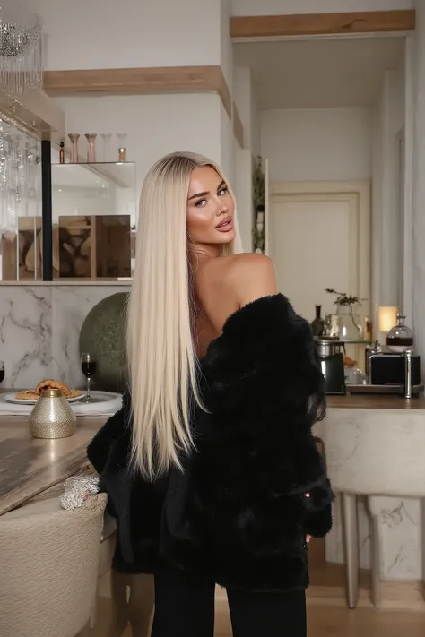 21 year old woman with very long white straight hair posing inside a modern kitchen inside of a modern villa she is wearing black bikini, and black fur coat, photo taken from behind, photo of her ass photo is taken with strong camera flash she has perfect ...