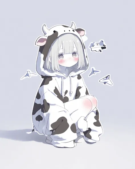 1girl, bob cut,center flap bangs,gray hair,blush,looking at viewer,cow costume,full body,3d depth,squatting,white skin,strong contrast,thick outline,polished cel-shaded render, clear color planes,add shadows,layered shading: hard shadows then soft ambient ...