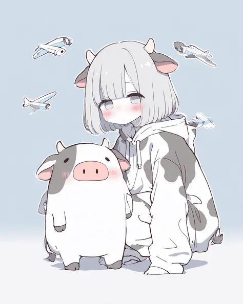 1girl, bob cut,center flap bangs,gray hair,blush,looking at viewer,cow costume,full body,3d depth,squatting,white skin,strong contrast,thick outline,polished cel-shaded render, clear color planes,add shadows,layered shading: hard shadows then soft ambient ...