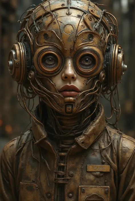 A detailed, steampunk-inspired sculpture of a humanoid robot. The robot's head is intricately designed, featuring large, round, circular eyes and a textured, metallic surface. The color palette consists of worn metal tones: brass gold copper bronze, creati...