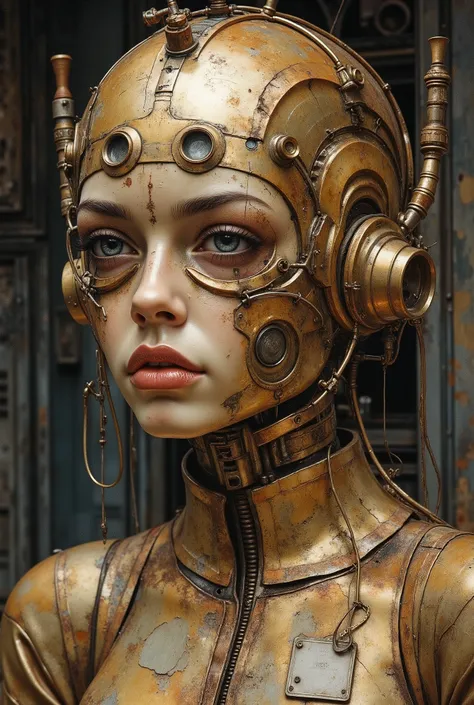 A detailed, steampunk-inspired sculpture of a humanoid robot. The robot's head is intricately designed, featuring large, round, circular eyes and a textured, metallic surface. The color palette consists of worn metal tones: brass gold copper bronze, creati...