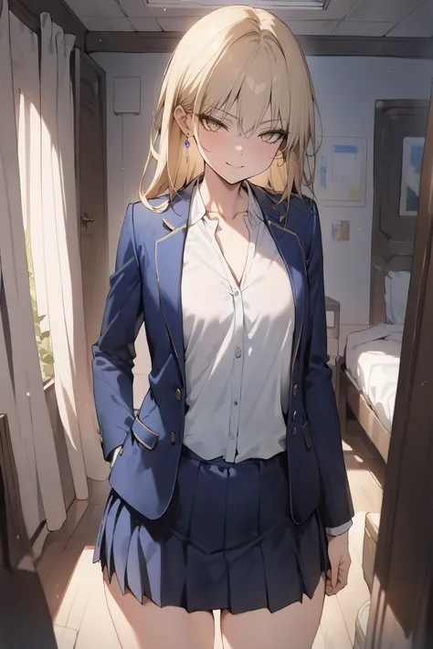 ((masterpiece,top quality:1.2)),(Super-resolution),(1gir),slender,((Female high school girl standing in her room and staring at me)),Beautiful Skin,(((thin thighs))),(((Long Golden Hair))),perfect golden eyes, tree eyes ,Serious smile,(((Open navy blue bla...