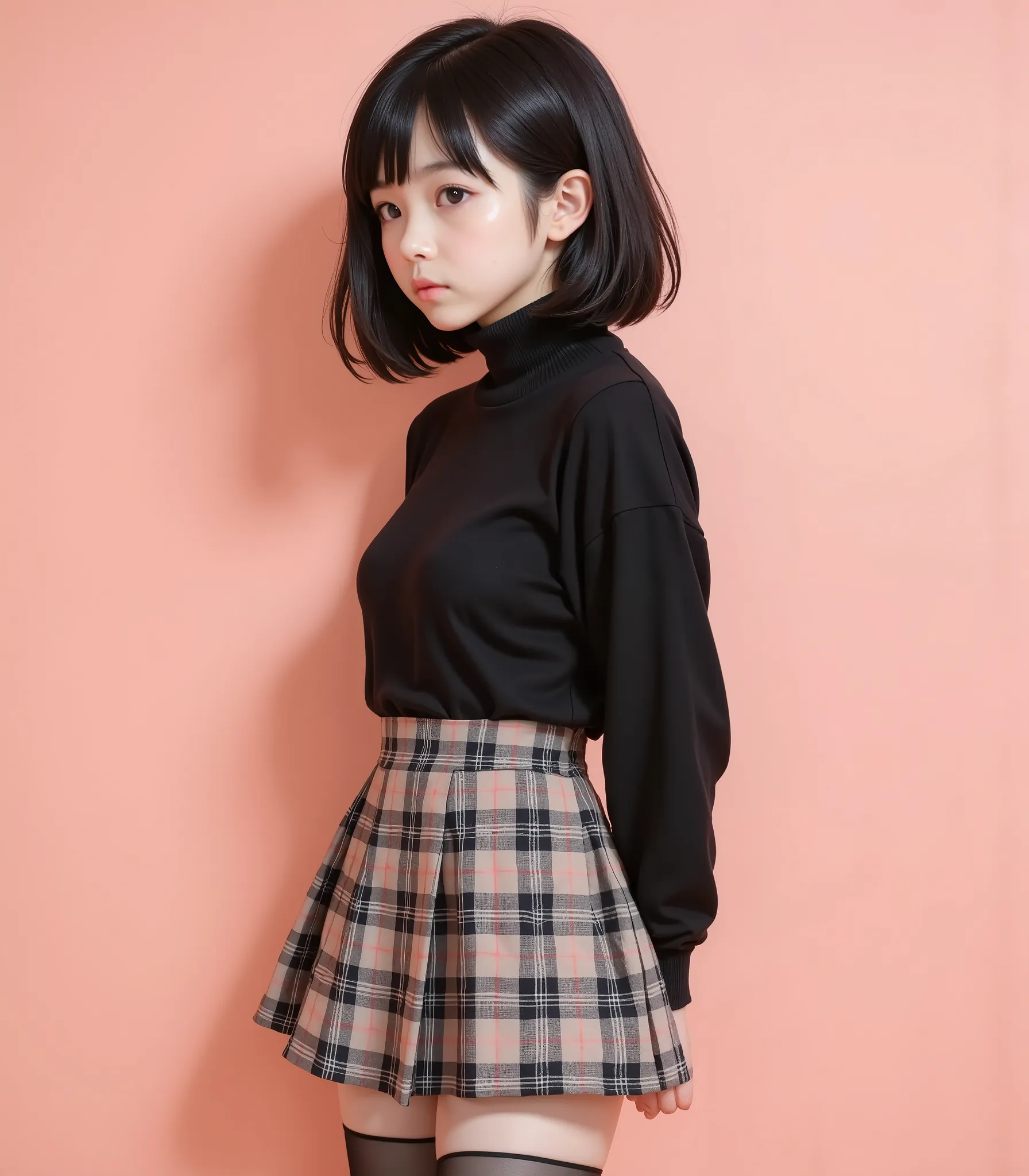 ((angle above the waist))、high image quality、masterpiece、realistic、((please make the correct human body structure))、16 year old girl ，cute女の子、超cute、semi-long random hair、cute、  gray eyes 、 ((black turtleneck knit))、( gingham check culotte skirt)，Black Knee...