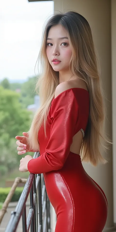 (Very pretty teen girl, beauty of an IDOL), medium straight blonde hair, (wearing a tight shiny crimson costume, elegan, cantik dan modis), (tampilan full body), Full makeup, wearing a very pretty little Tiara, pose leaning on the fence of the luxury villa...