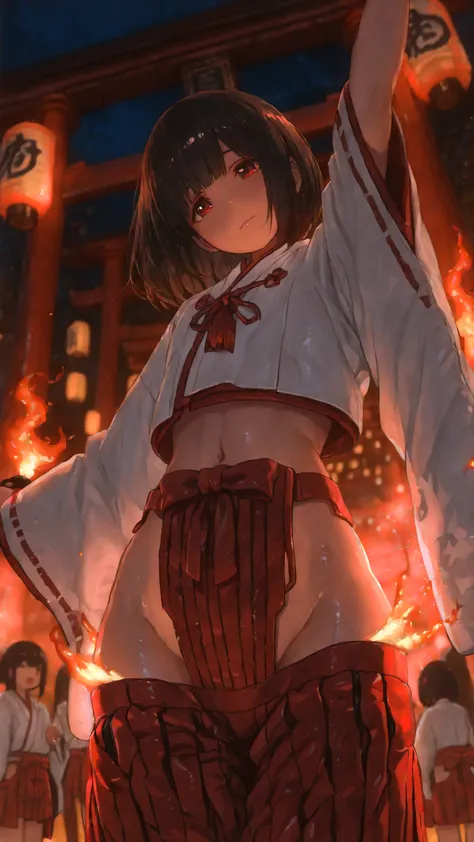 best quality, photography, finely detail, young shrine maiden, authentic miko attire, long black hair, white and red traditional outfit, extending arm forward to camera, direct eye contact, night time fire festival, dancing flames lighting her face from be...