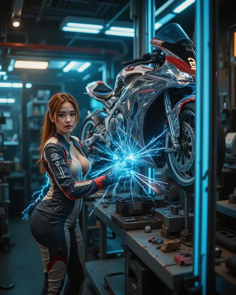 A breathtakingly beautiful female motorcycle mechanic in a bustling noisy futuristic repair garage, passionately repairing a damaged groundbreaking ultra-futuristic flying motorcycle with a transparent crystalline body and sleek aerodynamic design, its gla...