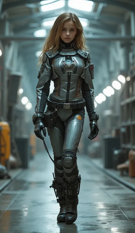 ainno,High-quality full-length photo of a ten-year-old girl, in the image of a space fleet engineer, in a tight-fitting, thin and elastic, smaller than the equipment needs, made of super-thin high-tech material with transparent inserts all over the girl's ...