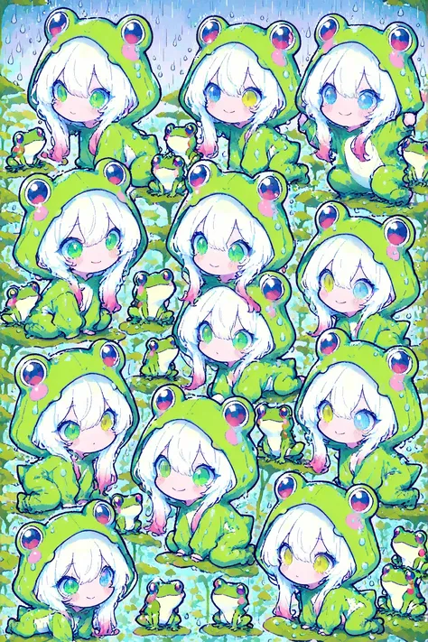 Melys,chibi,odd eyes,frog costume,rain,Smile Yan,大きな葉っぱの下でrain宿り,frog,Actions,Dynamic,anime,masterpiece,top quality,Great Quality,very beautiful,Newest,