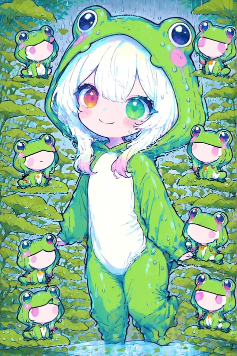Melys,chibi,odd eye,frog costume,rain,Smile Yan,大きな葉っぱの下でrain宿り,,Actions,Dynamic,anime,masterpiece,top quality,Great Quality,very beautiful,Newest,