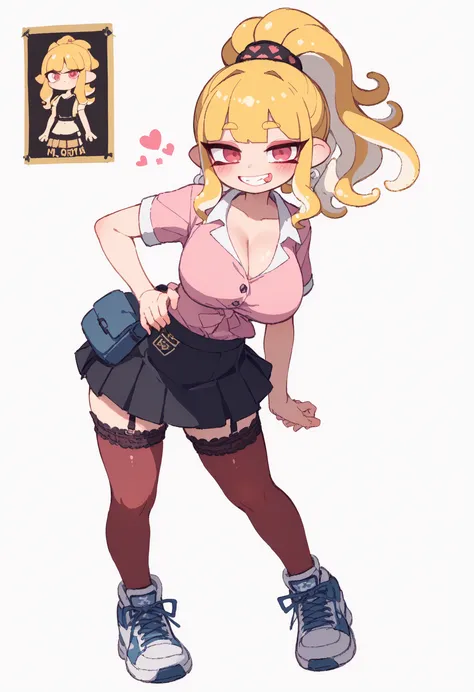 nsfw、masterpiece、top quality、High Resolution、High contrast value、Splatoon Girls、Gal、Galのインクリング、Full Body、golden hair、Huge Female College Student {x} High Ponytail、bangs with big front teeth、asymmetrical facial features on the left and right、Cute slanted ey...
