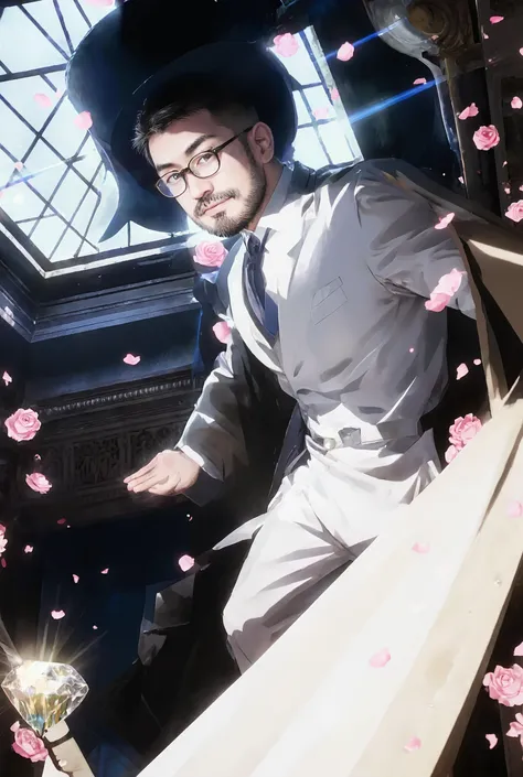 george pei, george bernard, mature Asian man, man in his 30s, Caesar haircut, rounded face, beard, short hair, beefy body type, glasses, A Mansion at night, gentleman thief in white suit and top hat, cape billowing as he gracefully descends from skylight, ...
