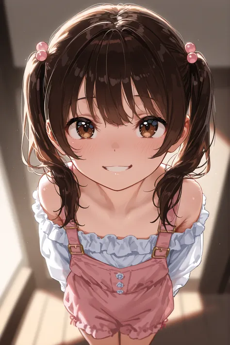  high resolution image , masterpiece, top quality, great quality, absurdres,ultra detailed,8K,volumetric lighting, depth of field, 1girl, brown hair,loli, looking up at viewer, pigtails, brown eyes, cute outfit, smiling