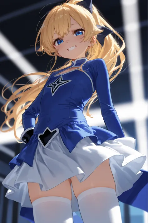  high resolution image , masterpiece, top quality, great quality, absurdres,ultra detailed,8K,volumetric lighting, depth of field, 1girl, blonde hair,loli, ponytail, blue eyes, blue hero outfit, flowy skirt, white stockings, confident pose, smiling