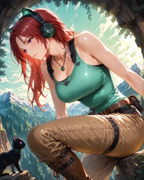 laracroft, (long_hair, breasts, red_hair, deep_green eyes), (bare_shoulders, boots, (brown_pants), belt, necklace, thigh_strap,  brown_footwear, tank_top, jewelry),,Side angle, (masterpiece, ultra-detailed, 4k, vibrant colors, dynamic scene), {Jessy}: (a b...