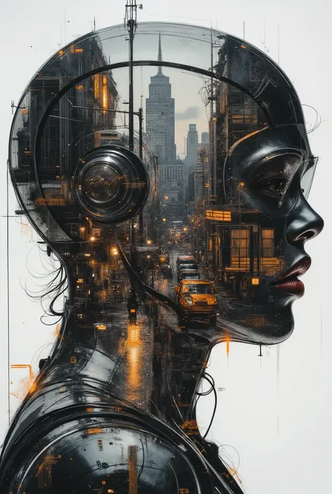 masterpiece, double exposure, silhouette of high-end robot helmet, filled with cyberpunk street, highest definition, HD32K, wallpaper, crisp lines, double exposure background, hyperdetailed, concept art, mythp0rt