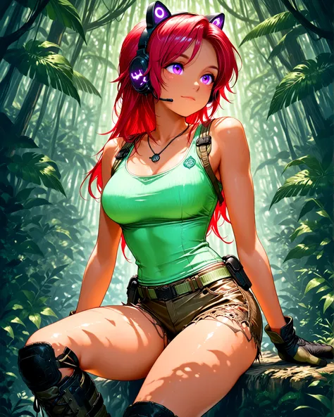 (masterpiece:1.2), female character with long loose red hair, bright amethyst-colored eyes, modern kitten headset, outfit inspired by Lara Croft (light green tank top tight, frayed leather shorts, gloves and tactical boots), rainforest background, adventur...
