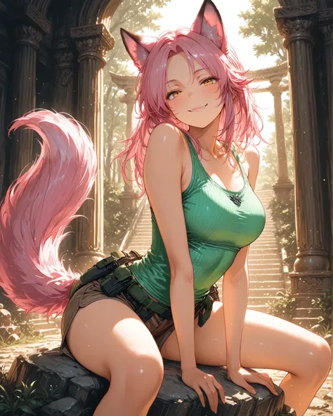 (masterpiece:1.3), illustration, 1girl, curvaceous and sensual body, long light pink hair, eyes, fuzzy pink fox ears on top of the head, voluminous pink tail behind, clothes inspired by Lara Croft (fitted green tank top, shorts marrom justo,  utility belt ...