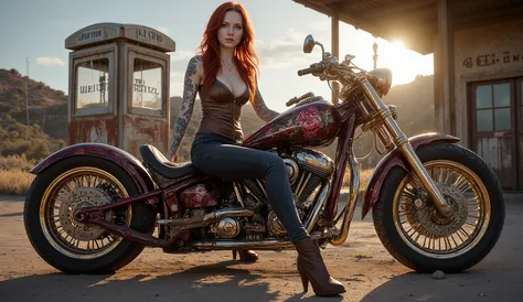 Ultra-realistic cinematic scene set at an abandoned desert gas station during golden hour. A confident red-haired woman sits astride a highly customized chopper motorcycle, parked on dusty ground surrounded by rusted fuel pumps and weathered signage.
She ...