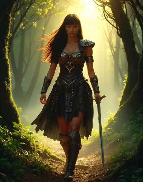 A beautiful Xena-style warrior stands in the middle of a dense forest, dressed in leather armor with metal inserts, In his right hand he holds a sword, morning mist is all around her, sun rays break through the branches. (masterpiece:1.2), Xena, 1girl, swo...